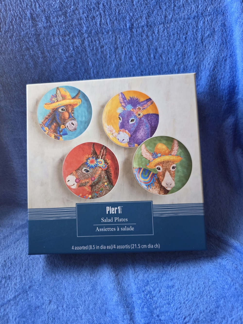 Pier 1 Salad Plates with Colorful Donkey Motifs - Blue, Yellow, Red, Green